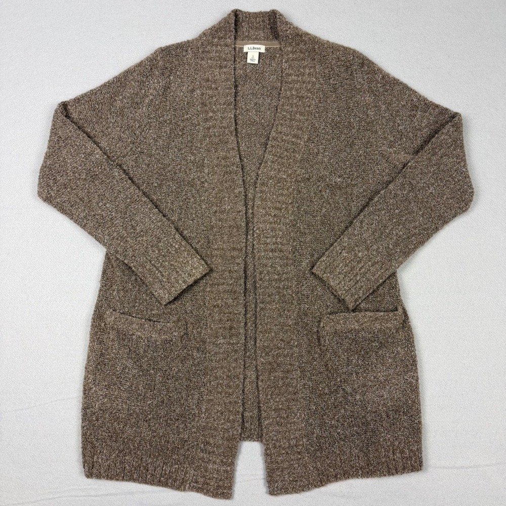 LL Bean Women Small P Brown Wool Blend Open Front Pocket Cardigan Sweater 298691
